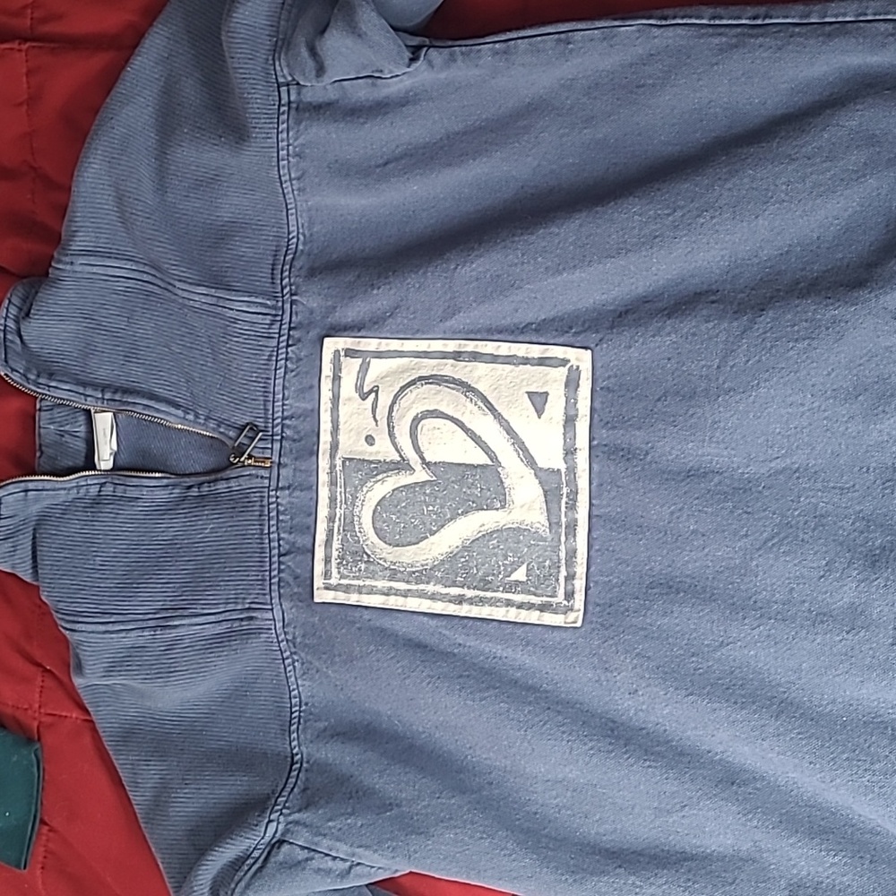 Grey Blue Grandpa Sweater with Heart Image and Zip Collar